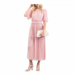 Spring Pink Women's Pleated Sheer Photo Ready Cocktail Midi-Dress Size Medium